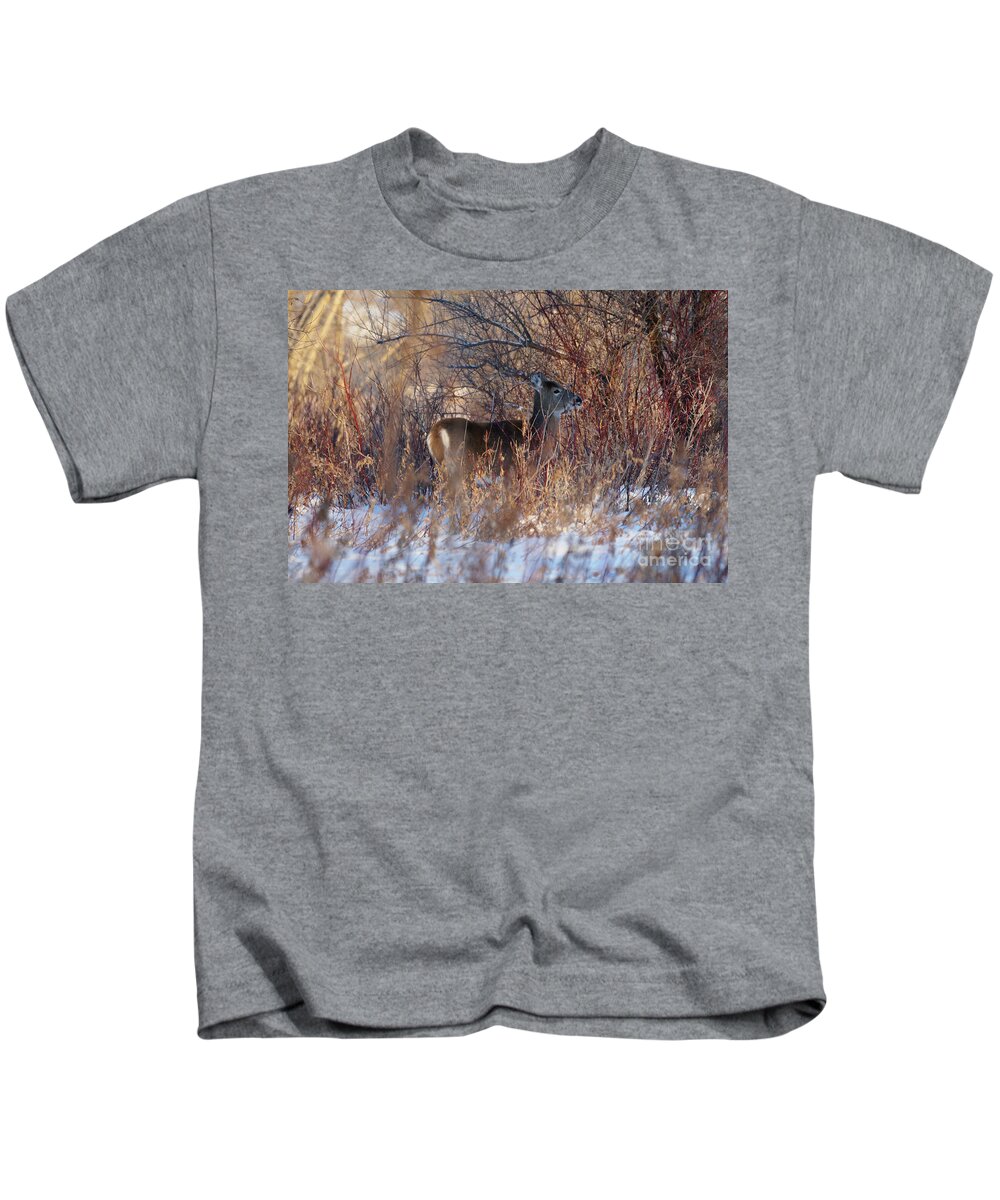 Deer Kids T-Shirt featuring the photograph Hidden in the trees by Lori Tordsen