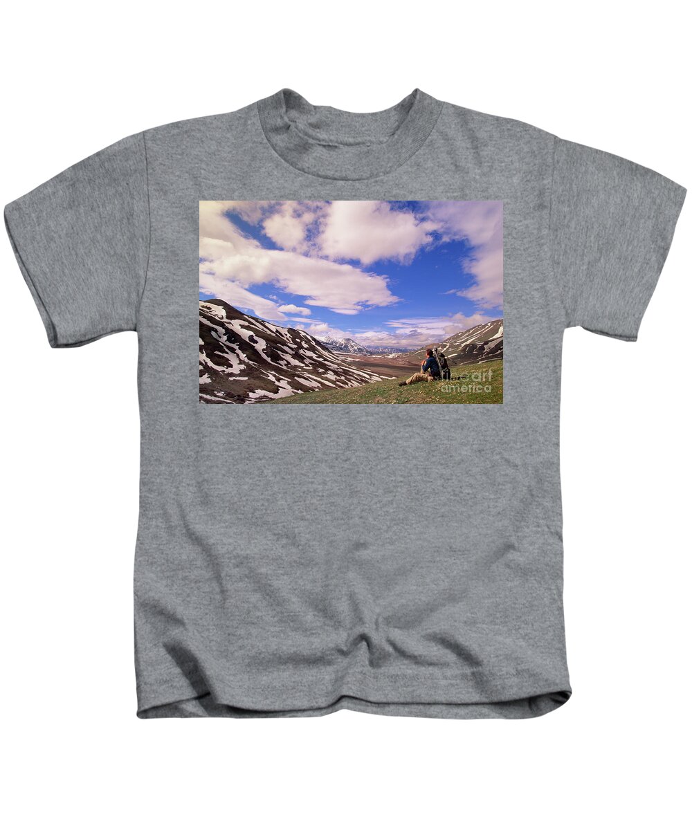 00341520 Kids T-Shirt featuring the photograph Hiker And The Alaska Range by Yva Momatiuk John Eastcott