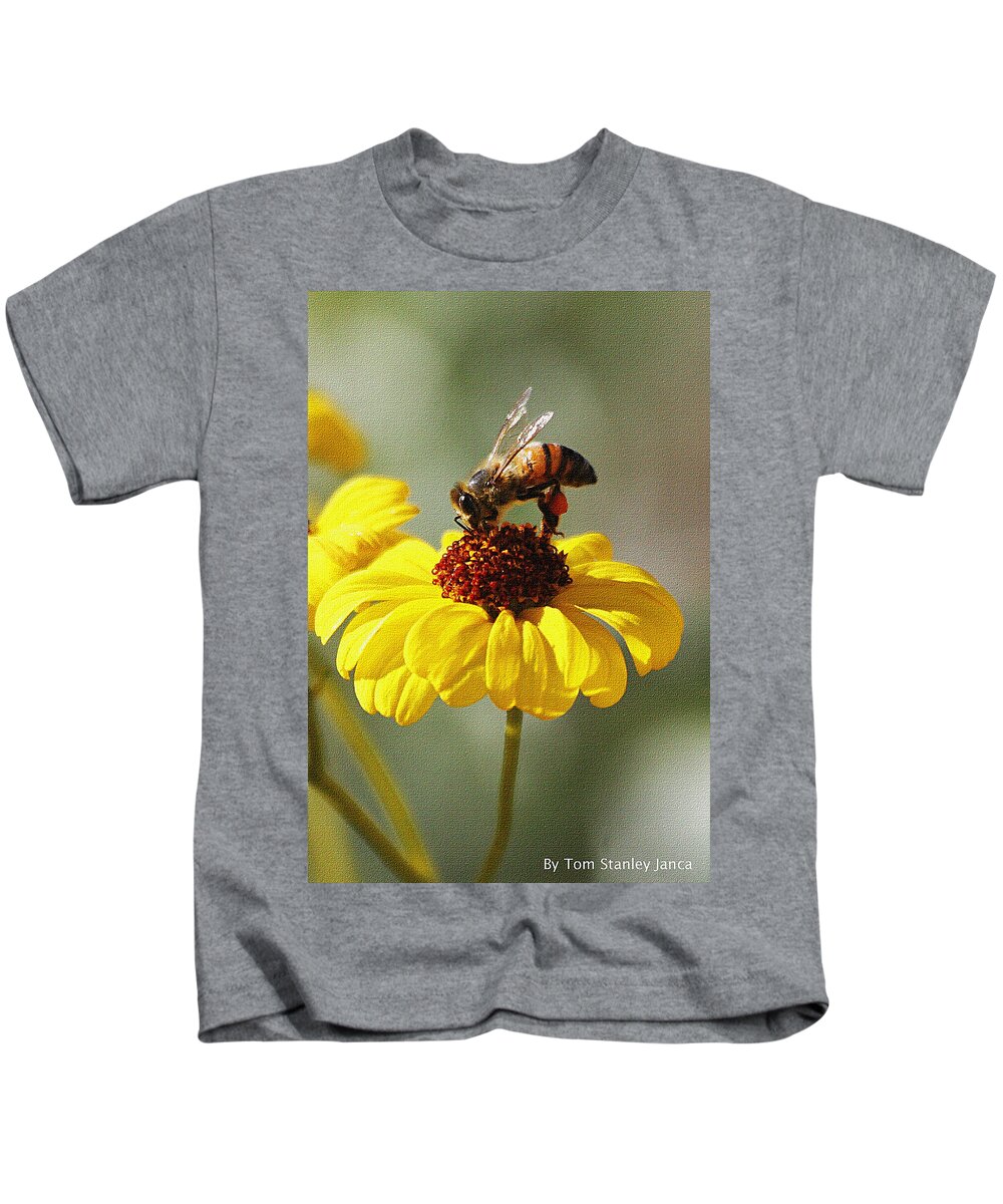 Honey Bee And Brittle Bush Flower Kids T-Shirt featuring the photograph Honey Bee And Brittle Bush Flower by Tom Janca