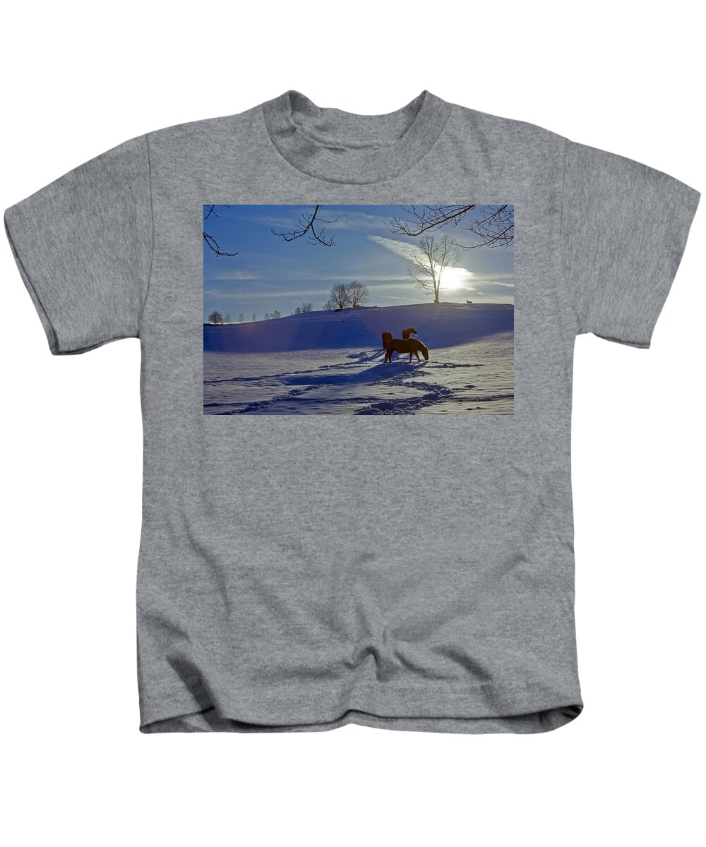Horses Kids T-Shirt featuring the photograph Horses in Snow by Greg Reed