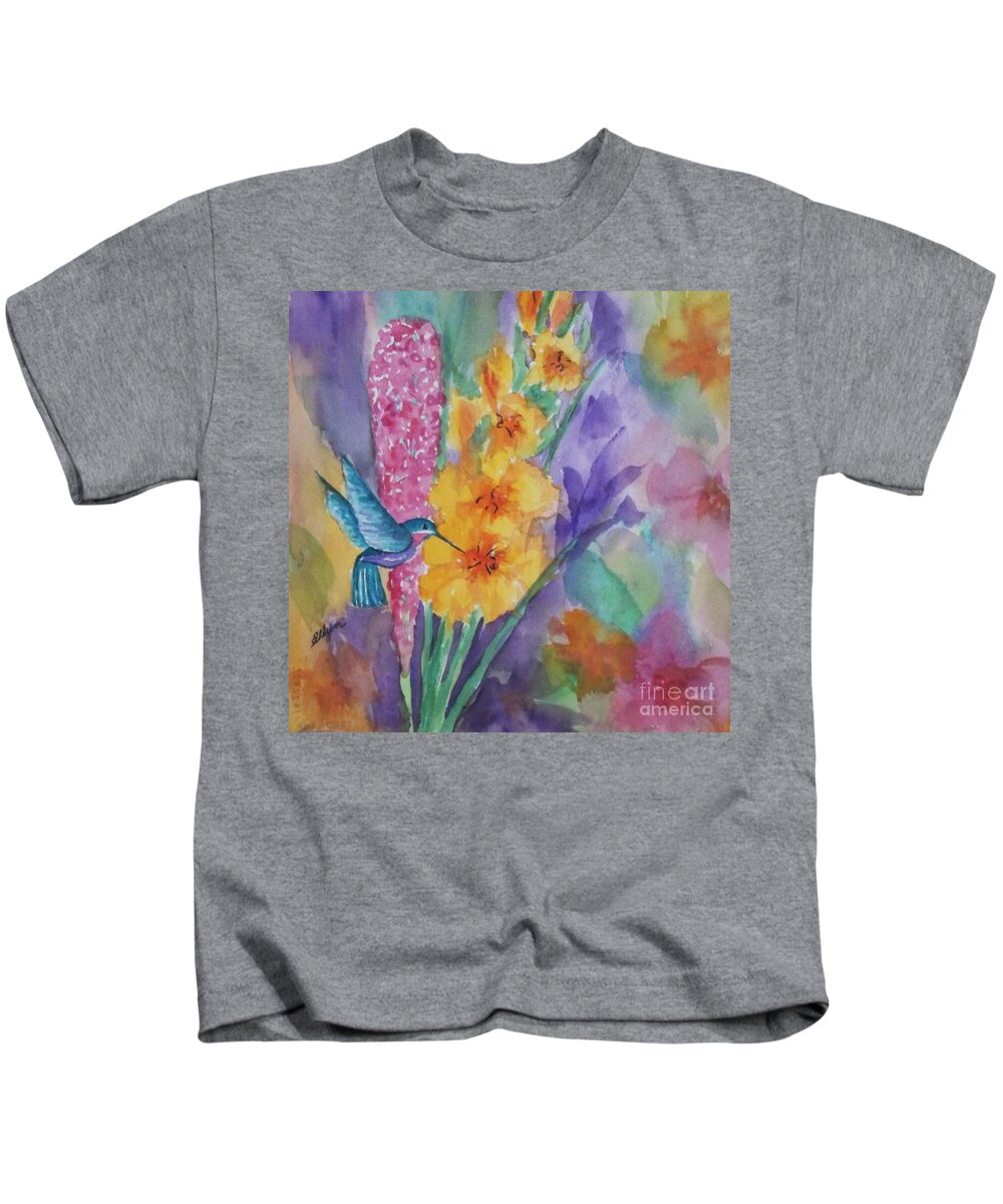Hummingbird Kids T-Shirt featuring the painting Hummingbird Heaven - Square by Ellen Levinson