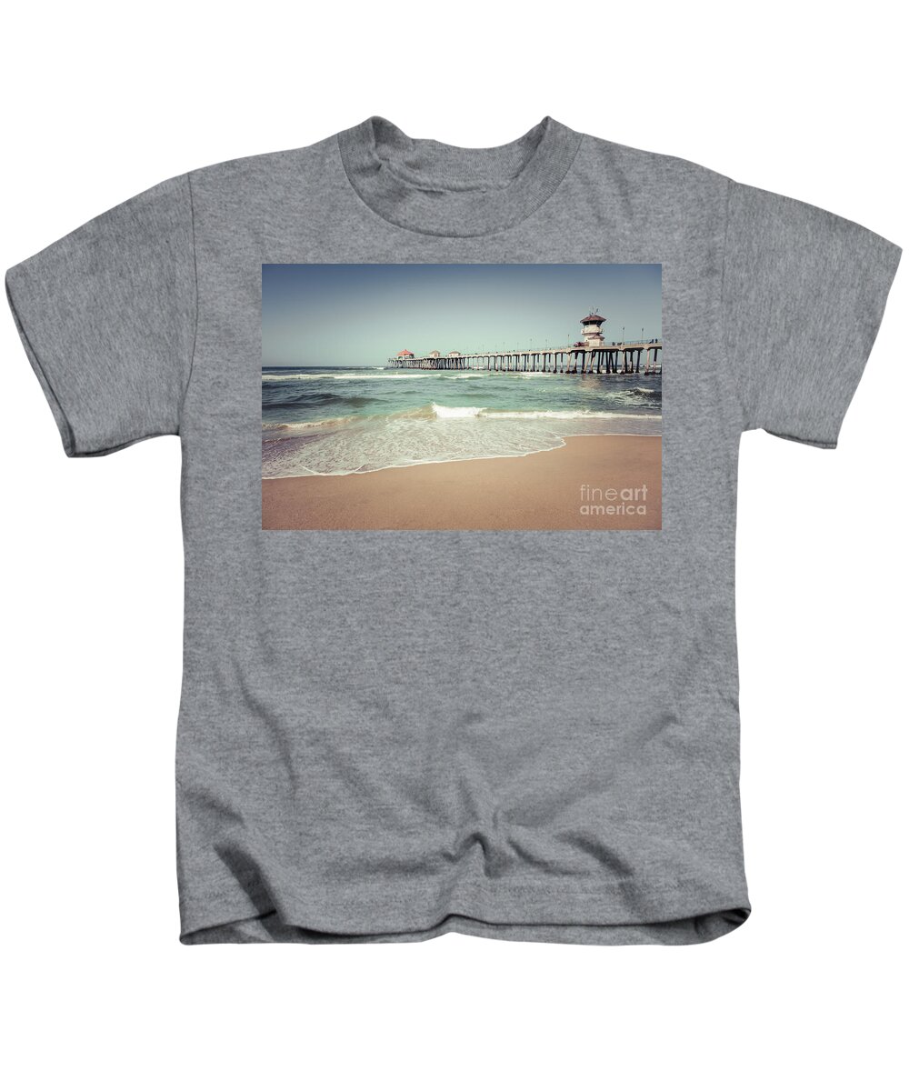 1960s Kids T-Shirt featuring the photograph Huntington Beach Pier Vintage Toned Photo by Paul Velgos