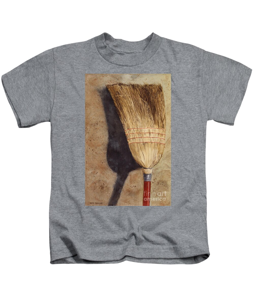 A Straw Broom Leans Against A Shed As It Dries In The Bright Mid-day Sun. Kids T-Shirt featuring the painting Ila Jean's Broom by Monte Toon