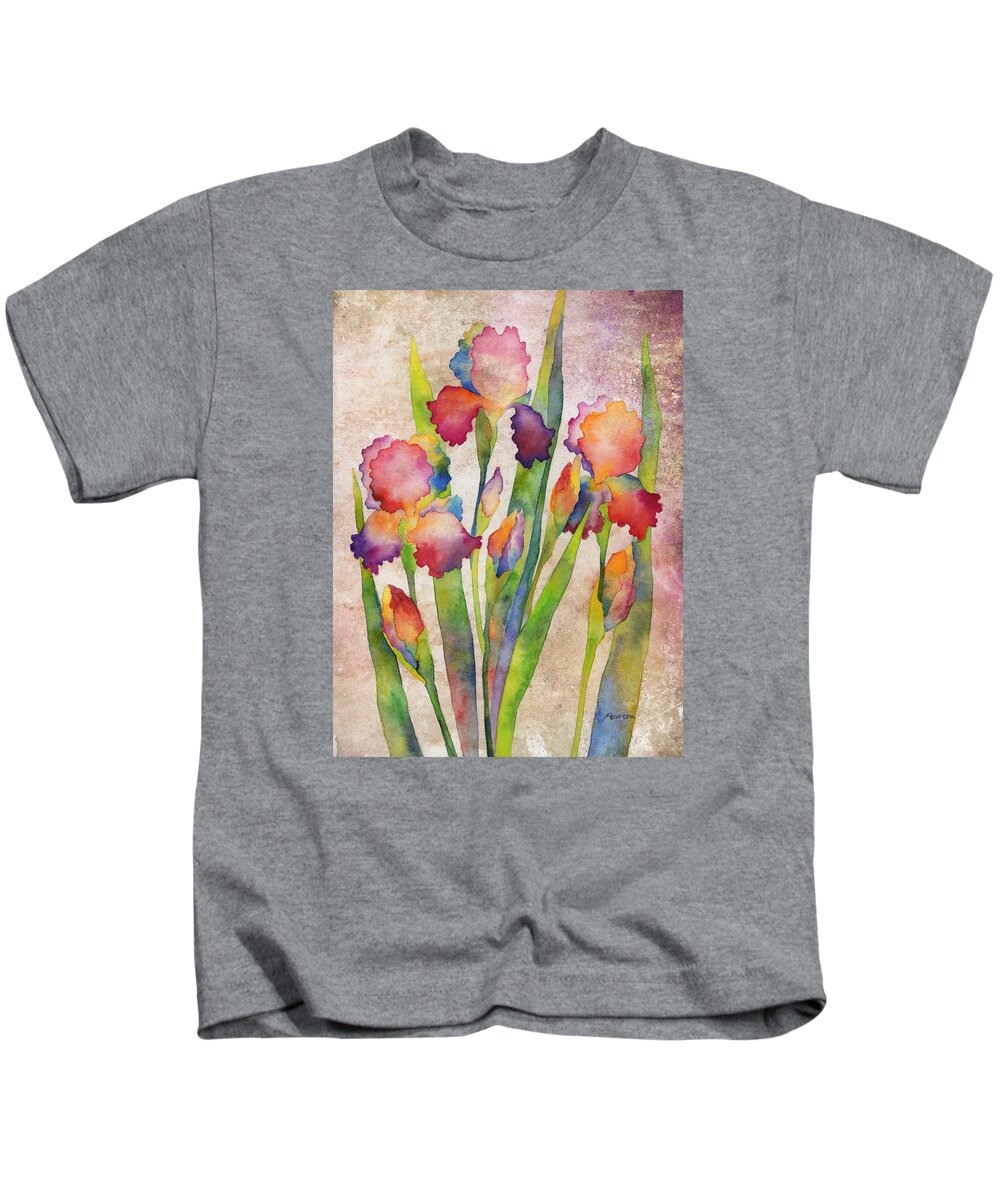 Iris Kids T-Shirt featuring the painting Iris Elegance on Pink by Hailey E Herrera
