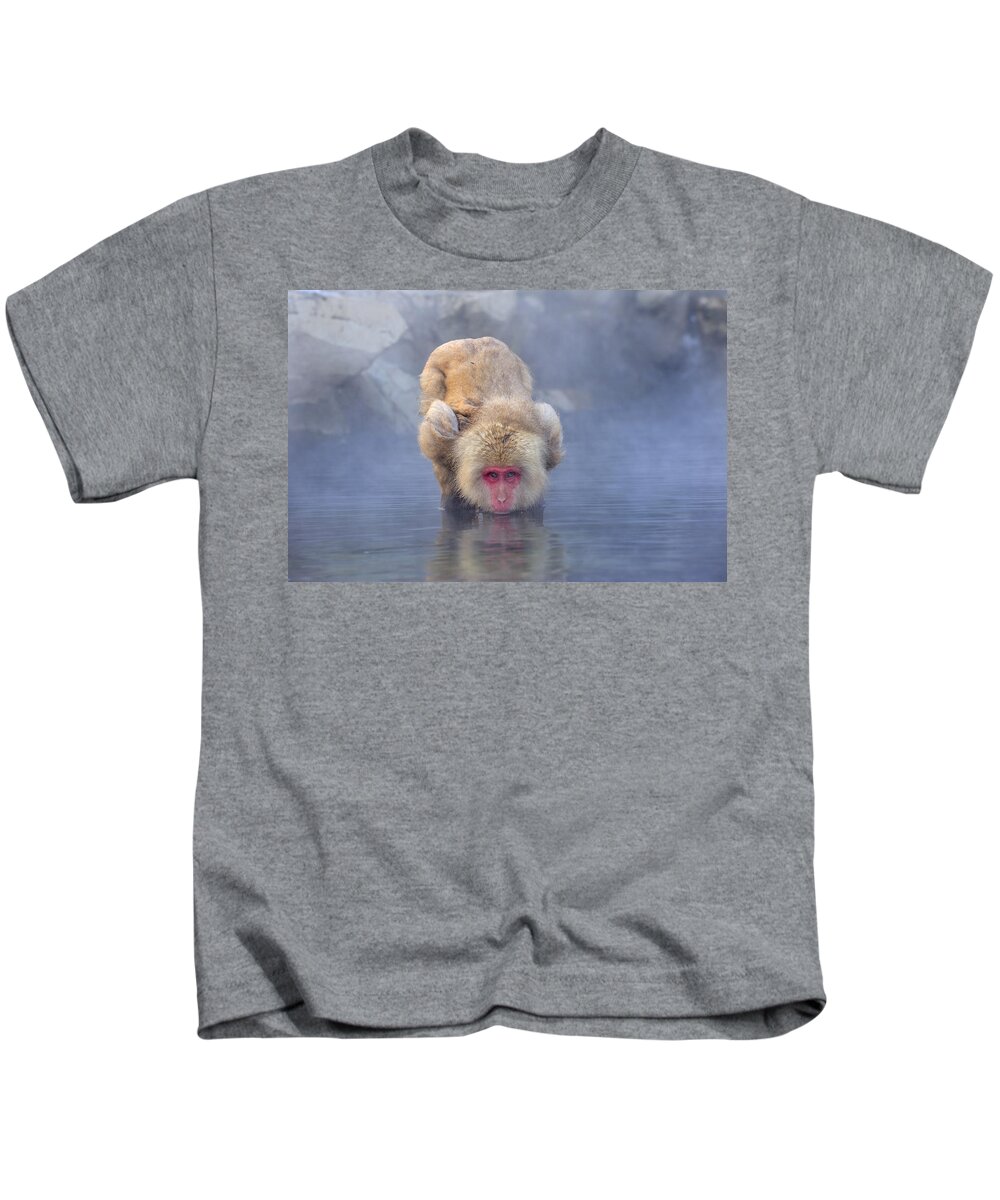 Thomas Marent Kids T-Shirt featuring the photograph Japanese Macaque Drinking From Hot by Thomas Marent