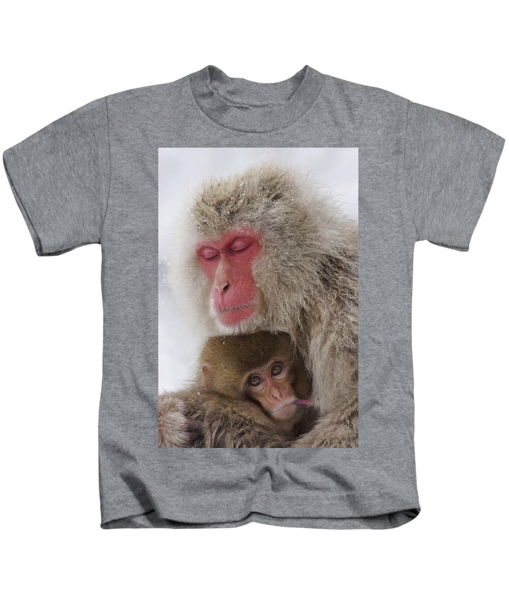 Feb0514 Kids T-Shirt featuring the photograph Japanese Macaque Mother And Baby by Hiroya Minakuchi