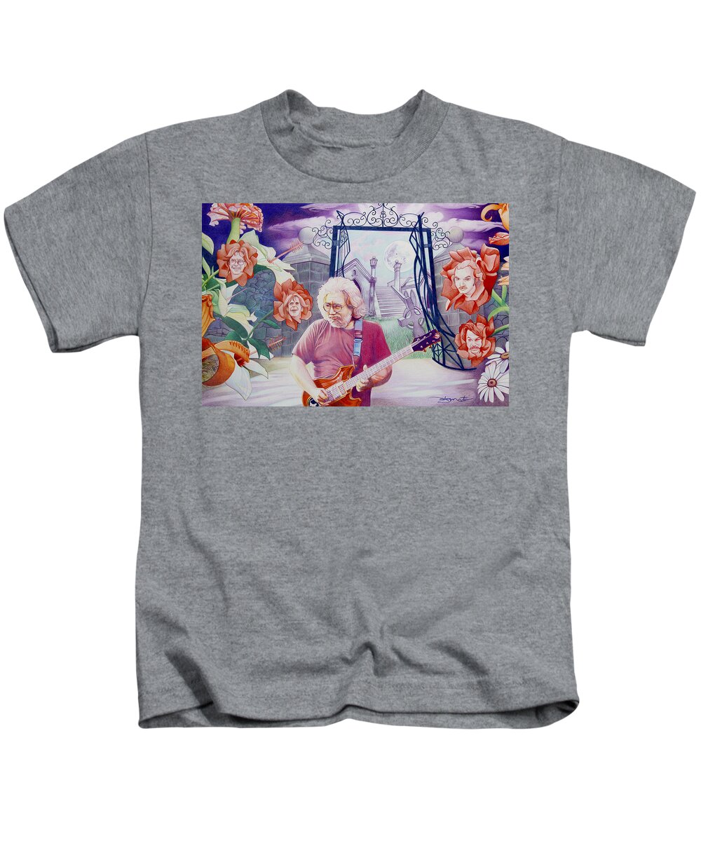 Jerry Garcia Kids T-Shirt featuring the drawing Jerry Garcia-American Beauty by Joshua Morton