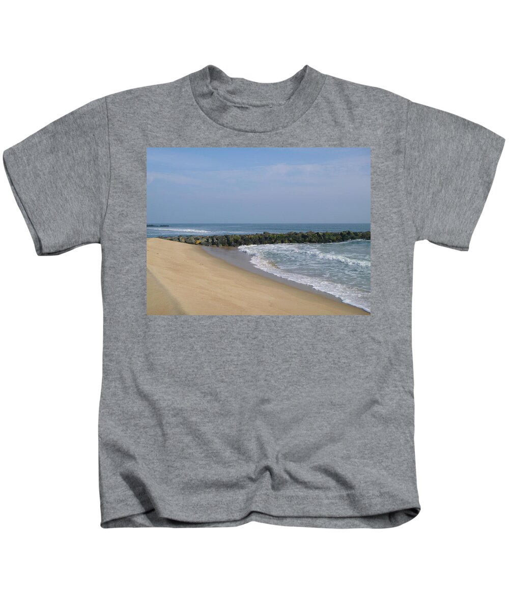 Winter Ocean Kids T-Shirt featuring the photograph Jetty in winter by Ellen Paull