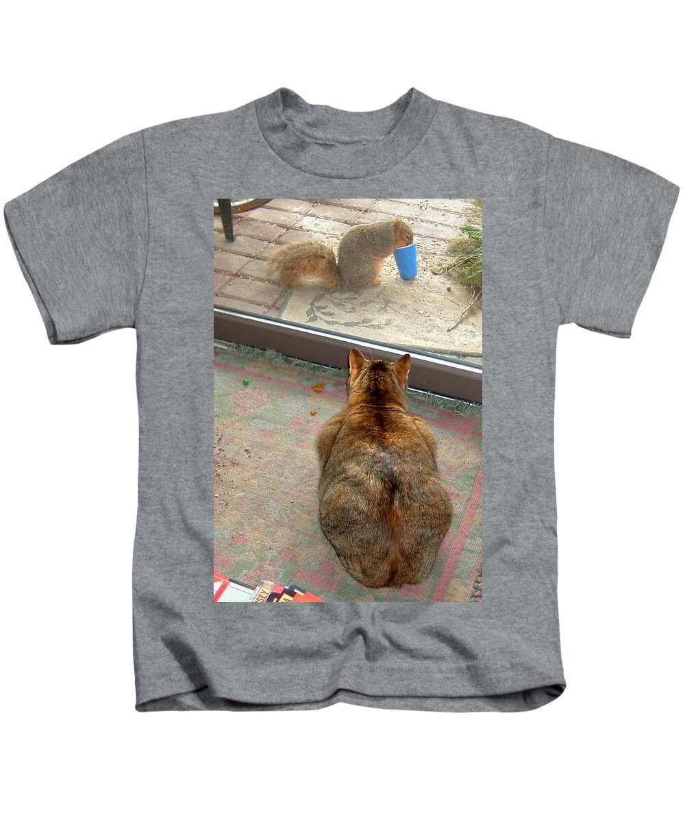 Squirrel Kids T-Shirt featuring the photograph Kitty Watches the Squirrel by Susan Wyman