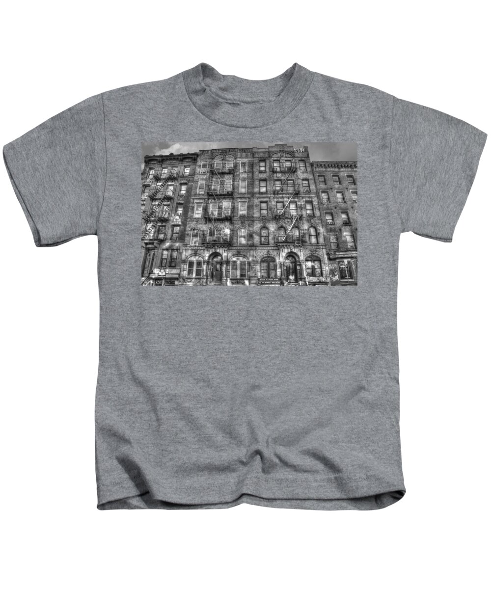 Led Zeppelin Kids T-Shirt featuring the photograph Led Zeppelin Physical Graffiti Building in Black and White by Randy Aveille