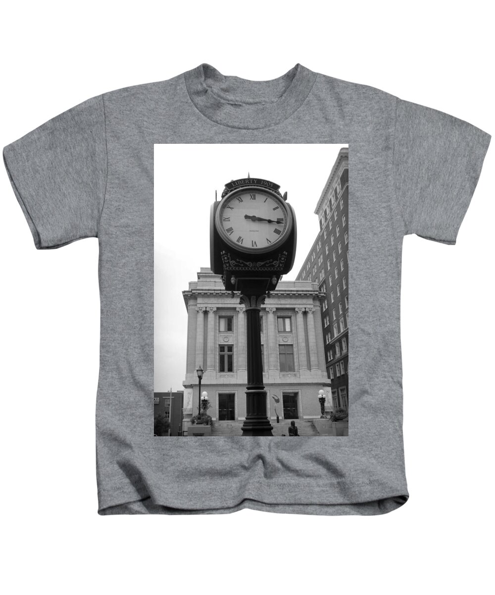 Kelly Hazel Kids T-Shirt featuring the photograph Liberty Mutual Clock by Kelly Hazel