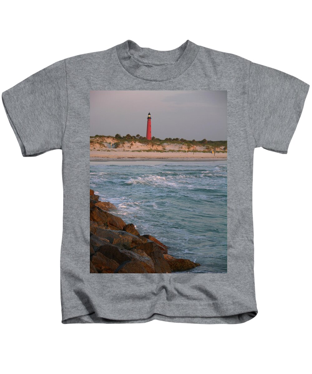 Photographs Of Ponce Inlet Lighthouse Kids T-Shirt featuring the photograph Lighthouse from the jetty 2 by Julianne Felton