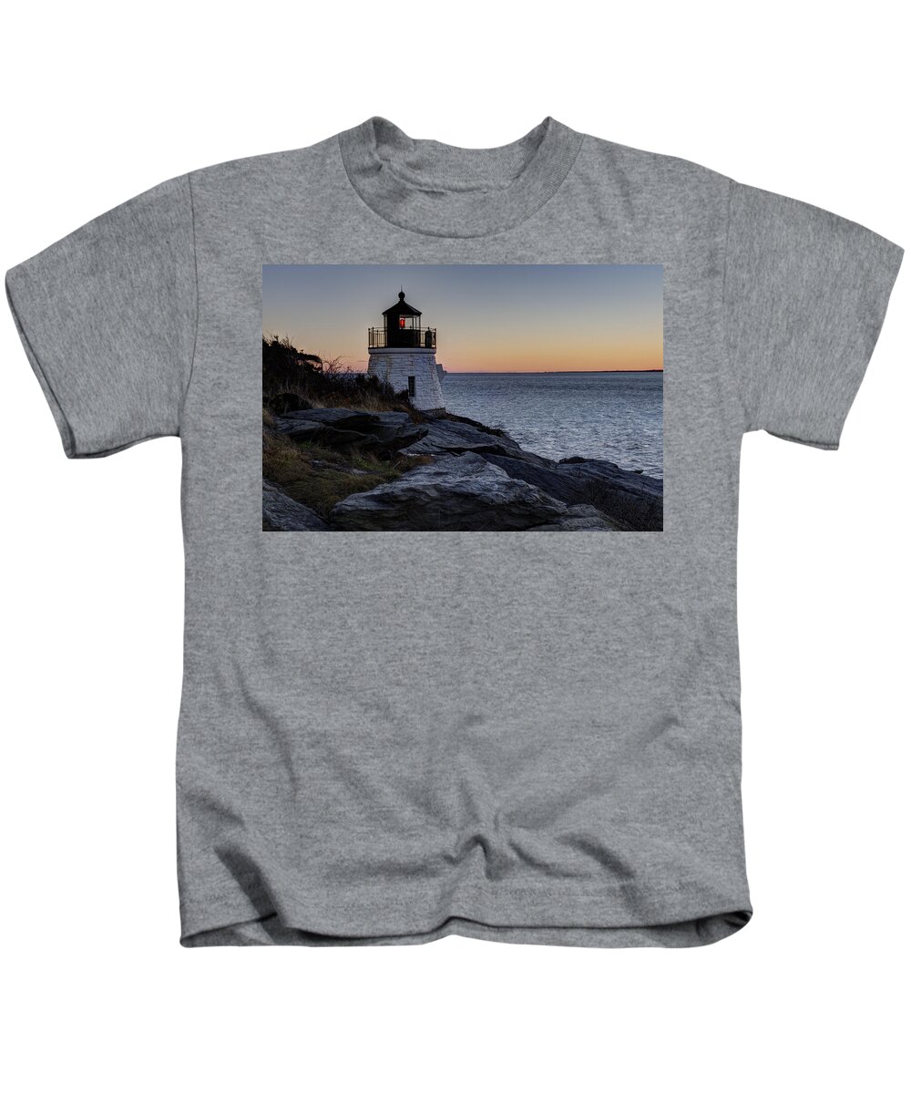 Andrew Pacheco Kids T-Shirt featuring the photograph Lighthouse On The Rocks at Castle Hill by Andrew Pacheco