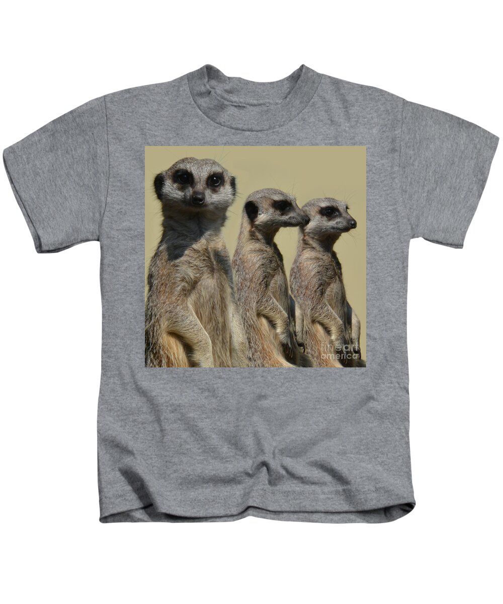 Three Kids T-Shirt featuring the photograph Line dancing meerkats - simples by Paul Davenport