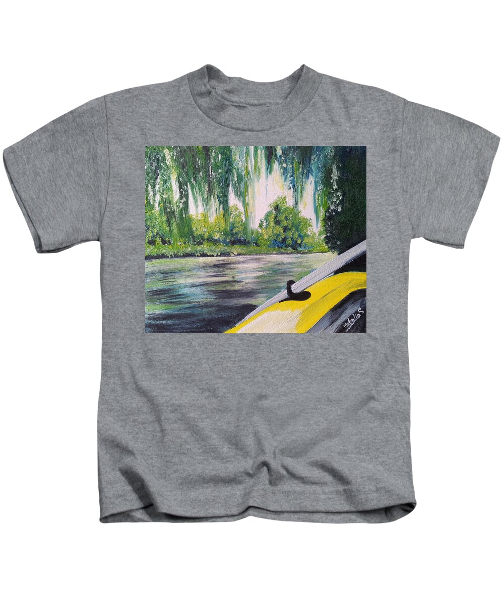 Weeping Willow Tree Kids T-Shirt featuring the painting Little Yellow Boat by Abbie Shores