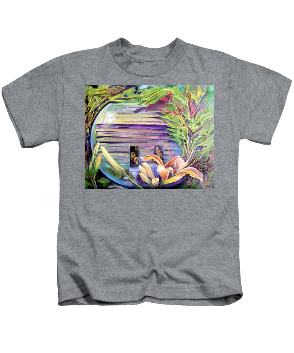 Curvismo Kids T-Shirt featuring the painting Log Home by Sherry Strong