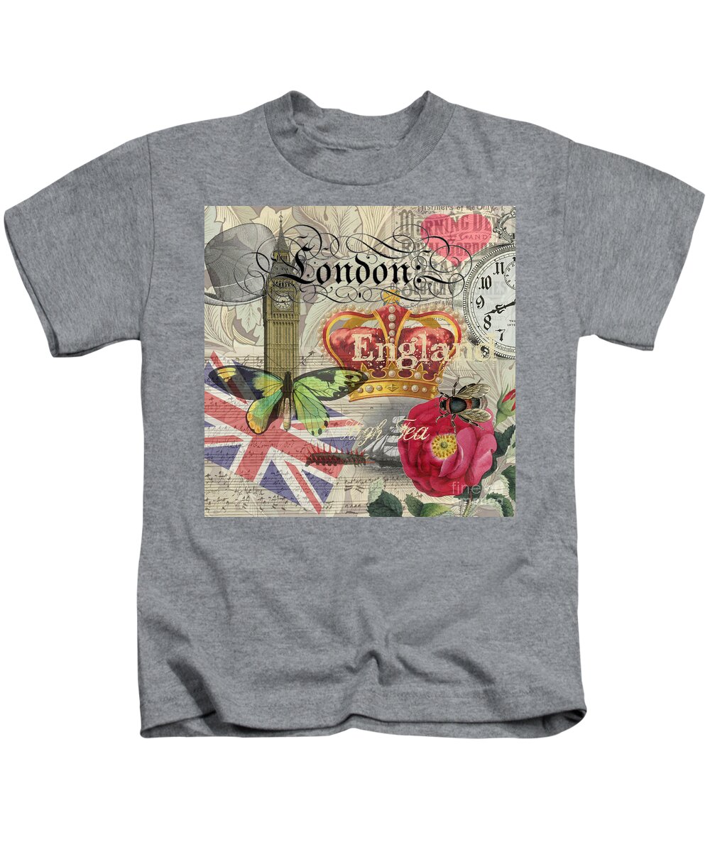 Doodlefly Kids T-Shirt featuring the digital art London England Vintage Travel Collage by Mary Hubley