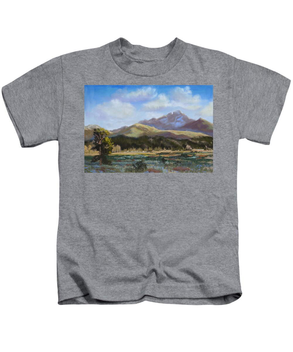 Long's Peak Kids T-Shirt featuring the painting Long's Light by Heather Coen