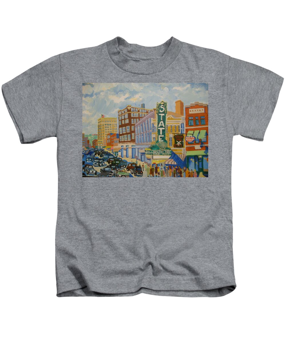 Sioux Falls Kids T-Shirt featuring the painting Main Street by Rodger Ellingson