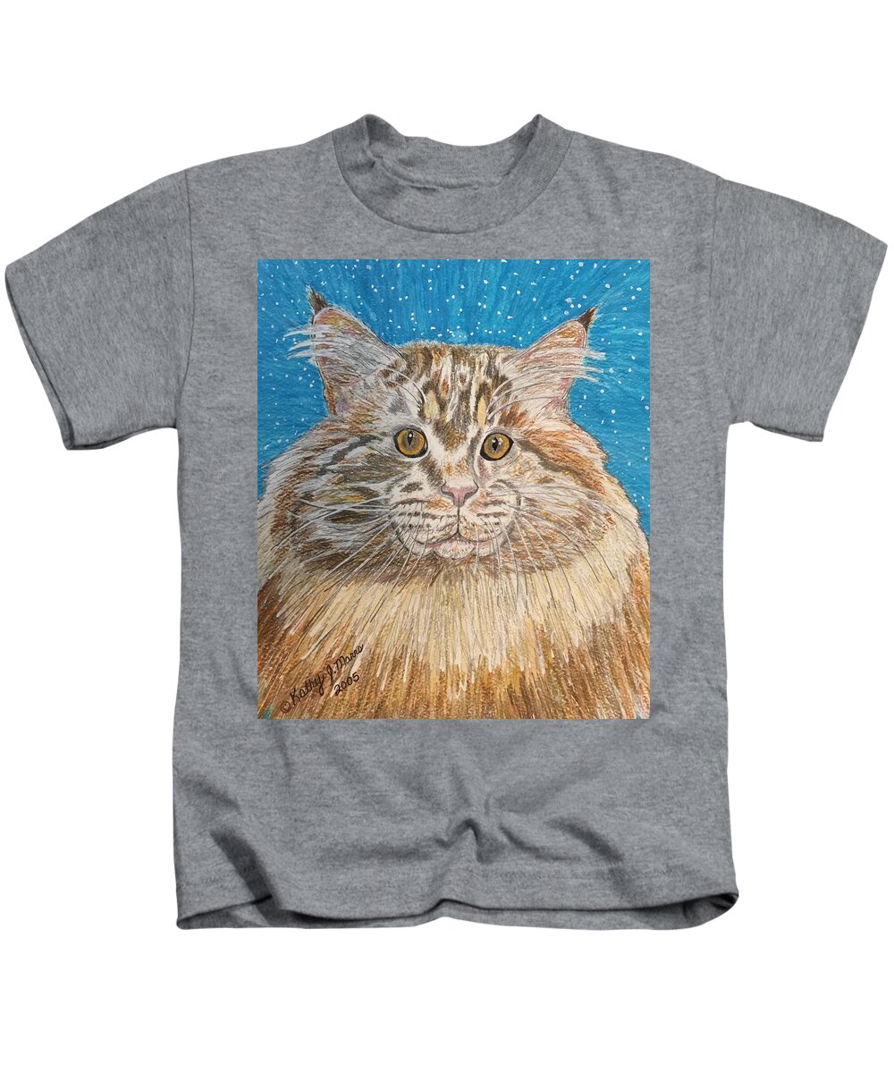 Maine Kids T-Shirt featuring the painting Maine Coon Cat by Kathy Marrs Chandler