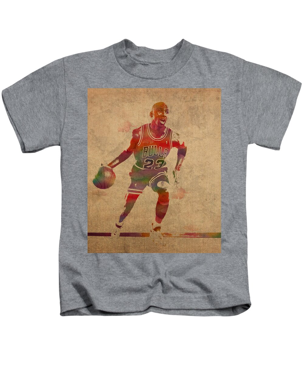 Michael Jordan Kids T-Shirt featuring the mixed media Michael Jordan Chicago Bulls Vintage Basketball Player Watercolor Portrait on Worn Distressed Canvas by Design Turnpike