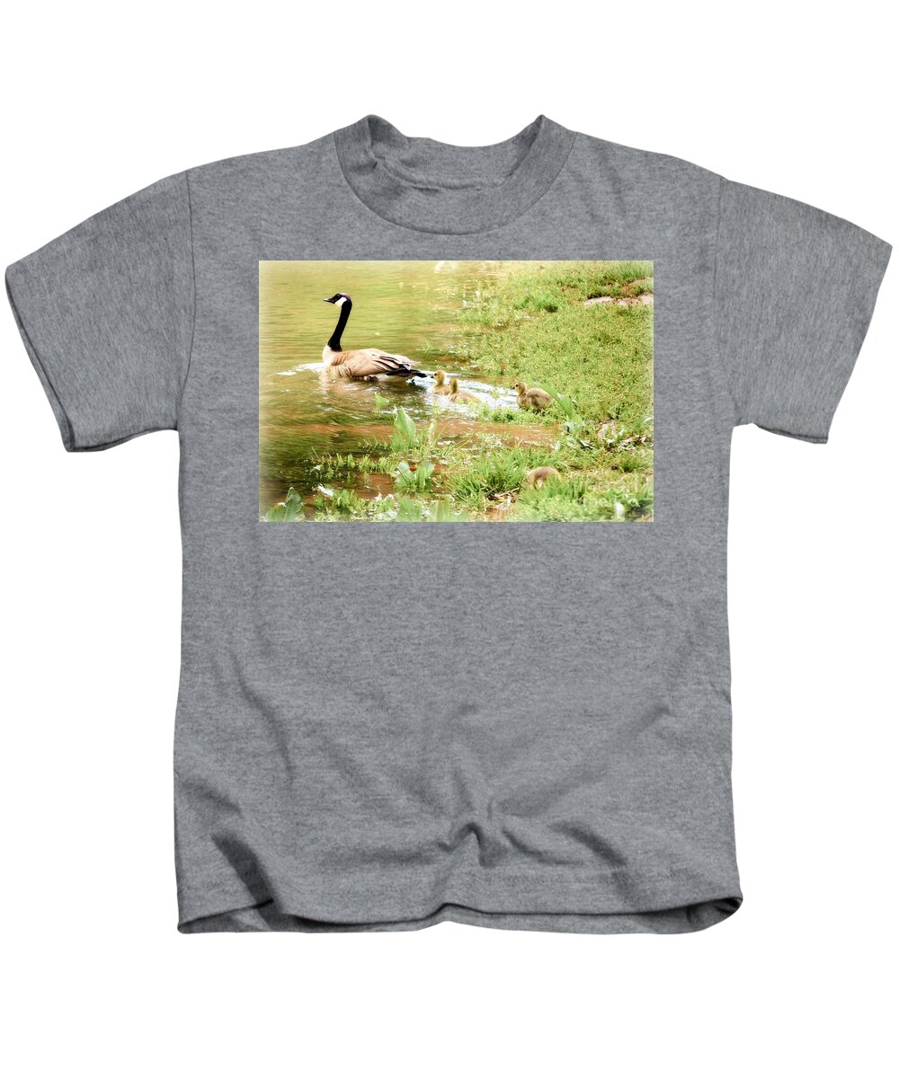 Baby Ducks Landscape Kids T-Shirt featuring the photograph Mom and Babies Swimming by Peggy Franz