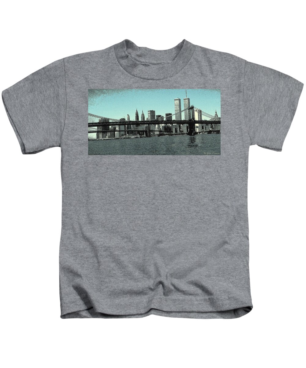 New+york Kids T-Shirt featuring the drawing New York Downtown Manhattan Skyline - Blue Panorama by Peter Potter