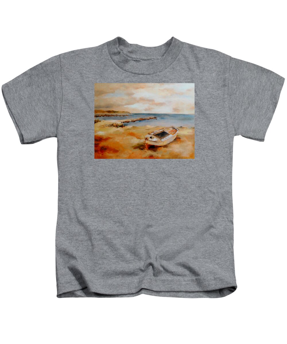Boat Kids T-Shirt featuring the painting Old boat near Georgioupolis by Karina Plachetka