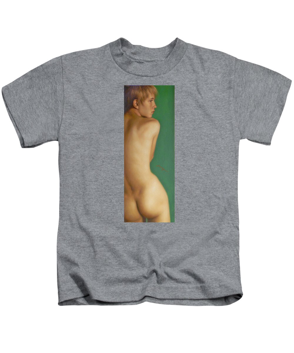 Original Oil Painting Art Kids T-Shirt featuring the painting Original Classic Oil Painting Man Body Art-the Young Male Nude#16-2-1-07 by Hongtao Huang