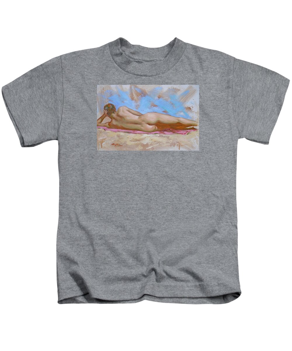 Original. Oil Painting Kids T-Shirt featuring the painting Original Impression Gay Man Body Art Male Nude On Canvas-78 by Hongtao Huang