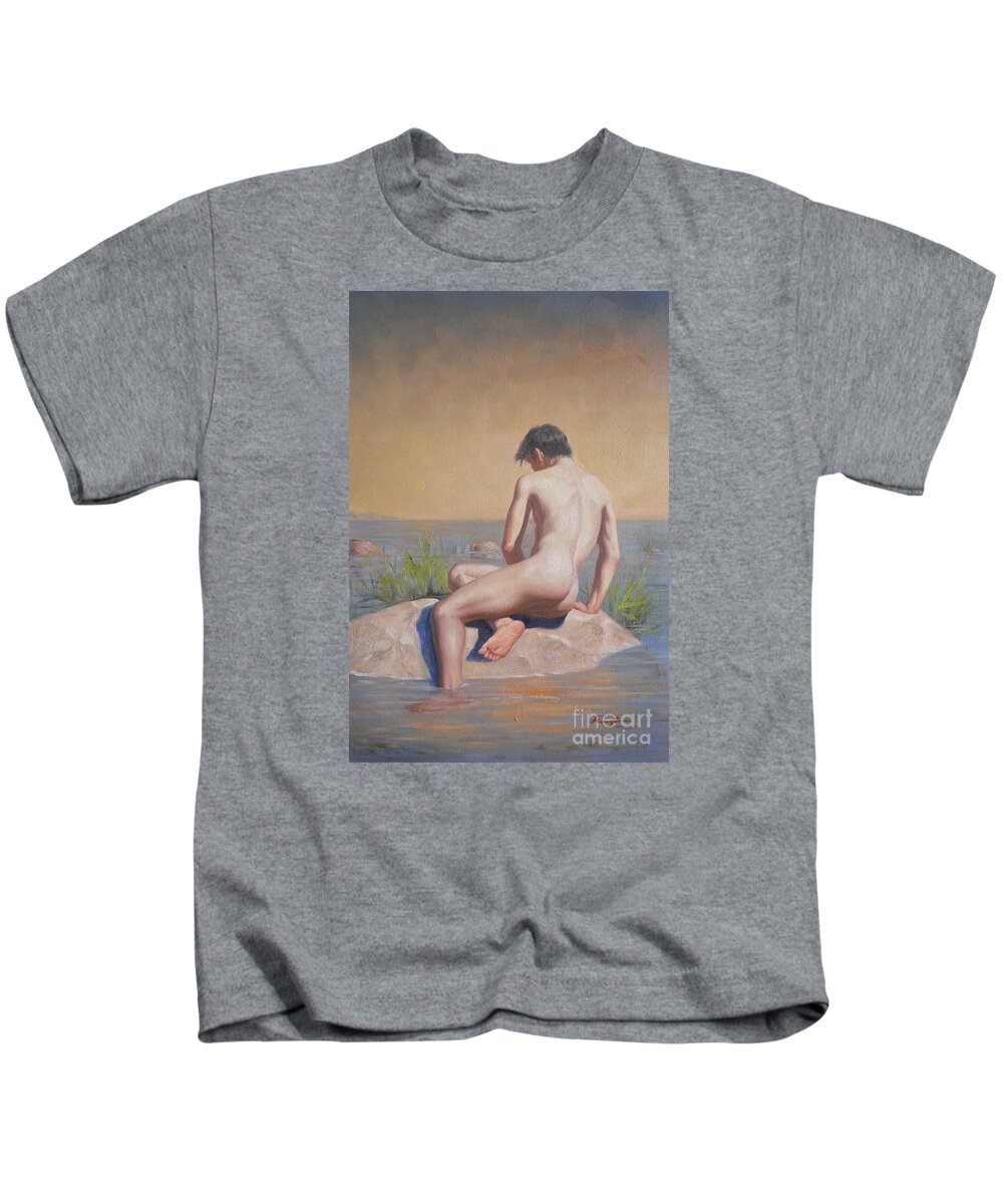 Original. Oil Painting Kids T-Shirt featuring the painting Original Young Man Body Oil Painting Gay Art Male Nude#16-2-3-04 by Hongtao Huang
