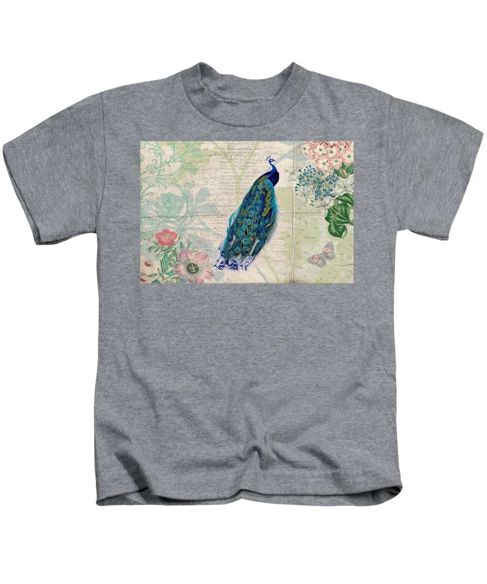 Peacocks Kids T-Shirt featuring the digital art Peacock and Botanical Art by Peggy Collins