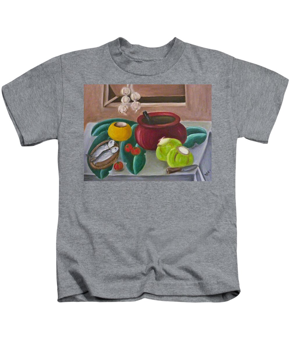 Philippine Still Life Kids T-Shirt featuring the painting Philippine Still Life with Fish and Coconuts 2 by Victoria Lakes