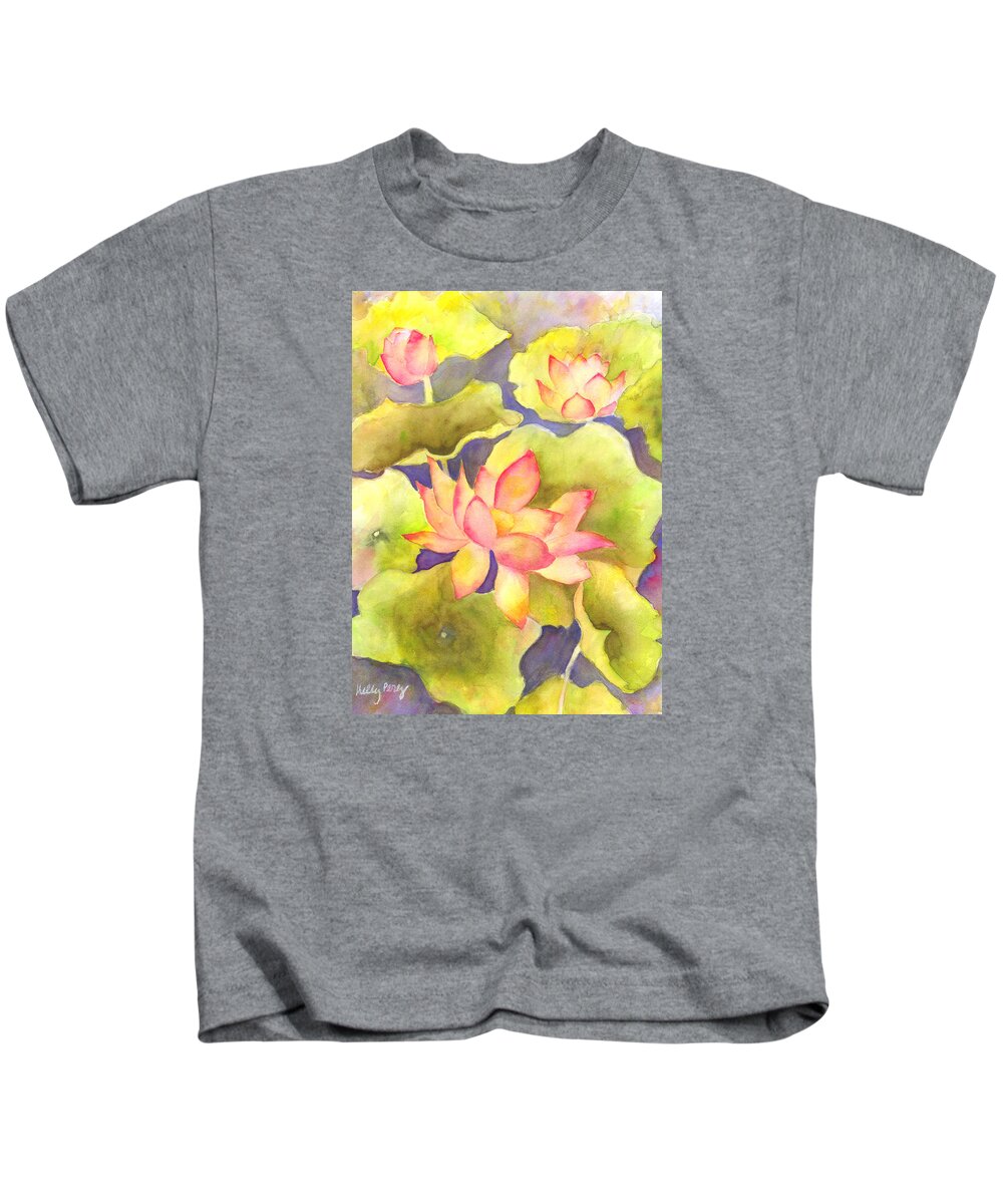 Watercolor Paintings Kids T-Shirt featuring the painting Pink Lotus by Kelly Perez