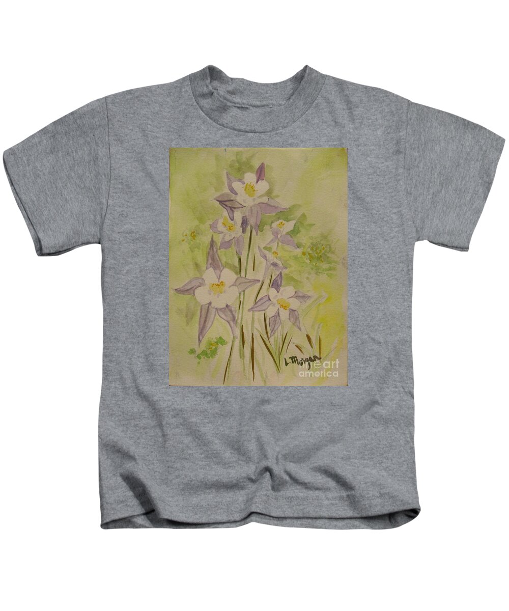 Flower Kids T-Shirt featuring the painting Purple and White Columbines by Laurie Morgan