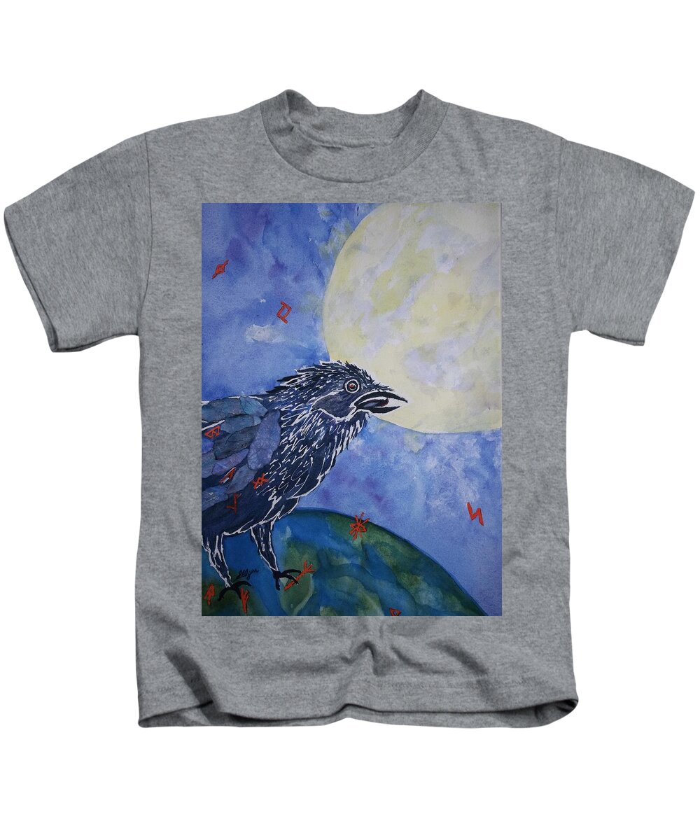 Raven.full Moon Kids T-Shirt featuring the painting Raven Speak by Ellen Levinson