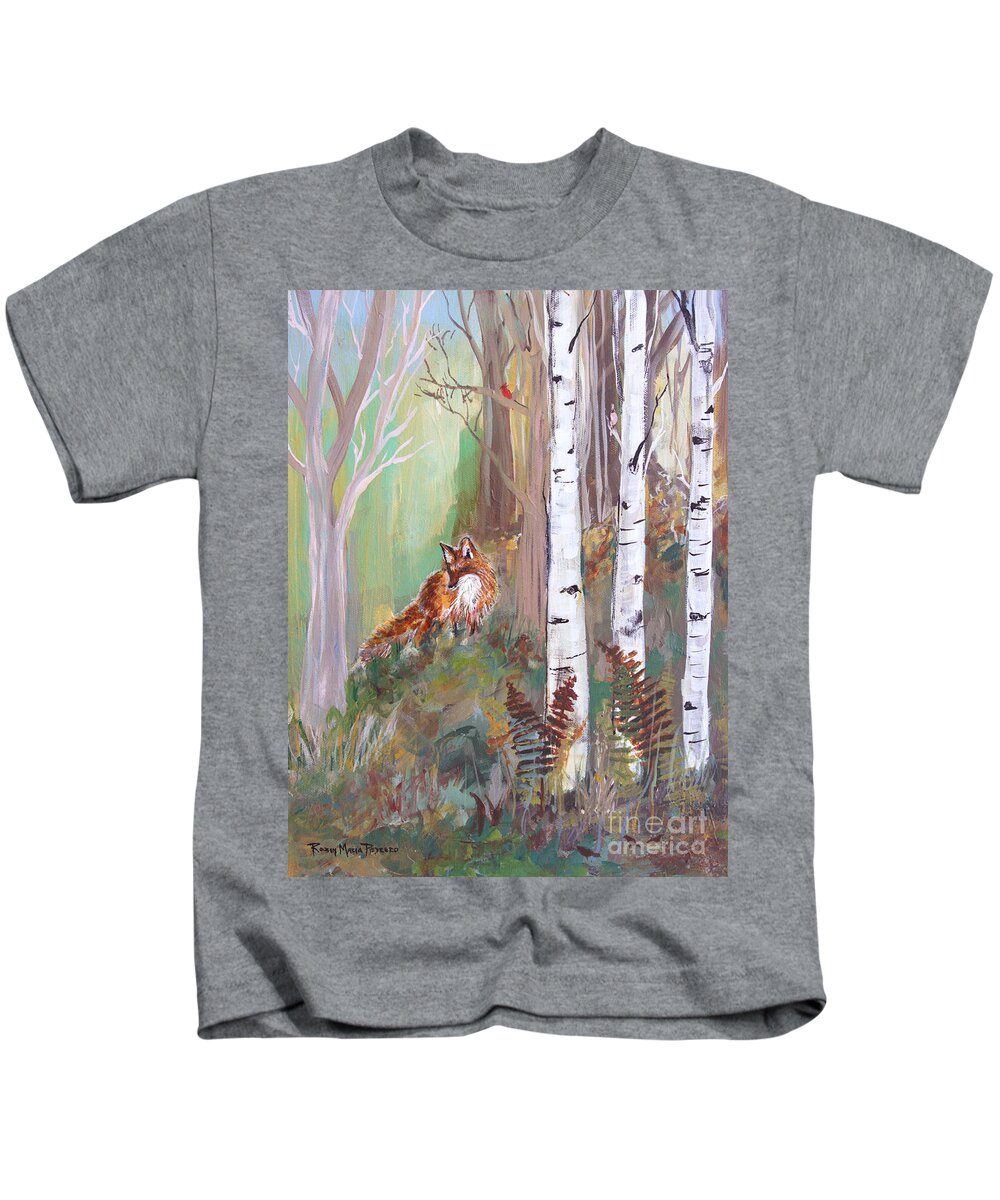 Red Fox Kids T-Shirt featuring the painting Red Fox and Cardinals by Robin Pedrero