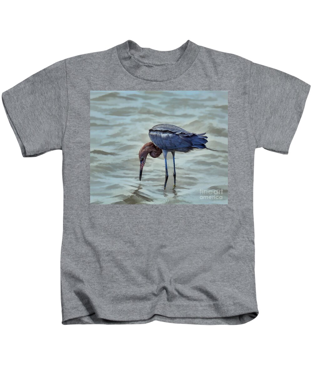 Reddish Egret Kids T-Shirt featuring the photograph Reddish Egret feeding in shallow water by Louise Heusinkveld