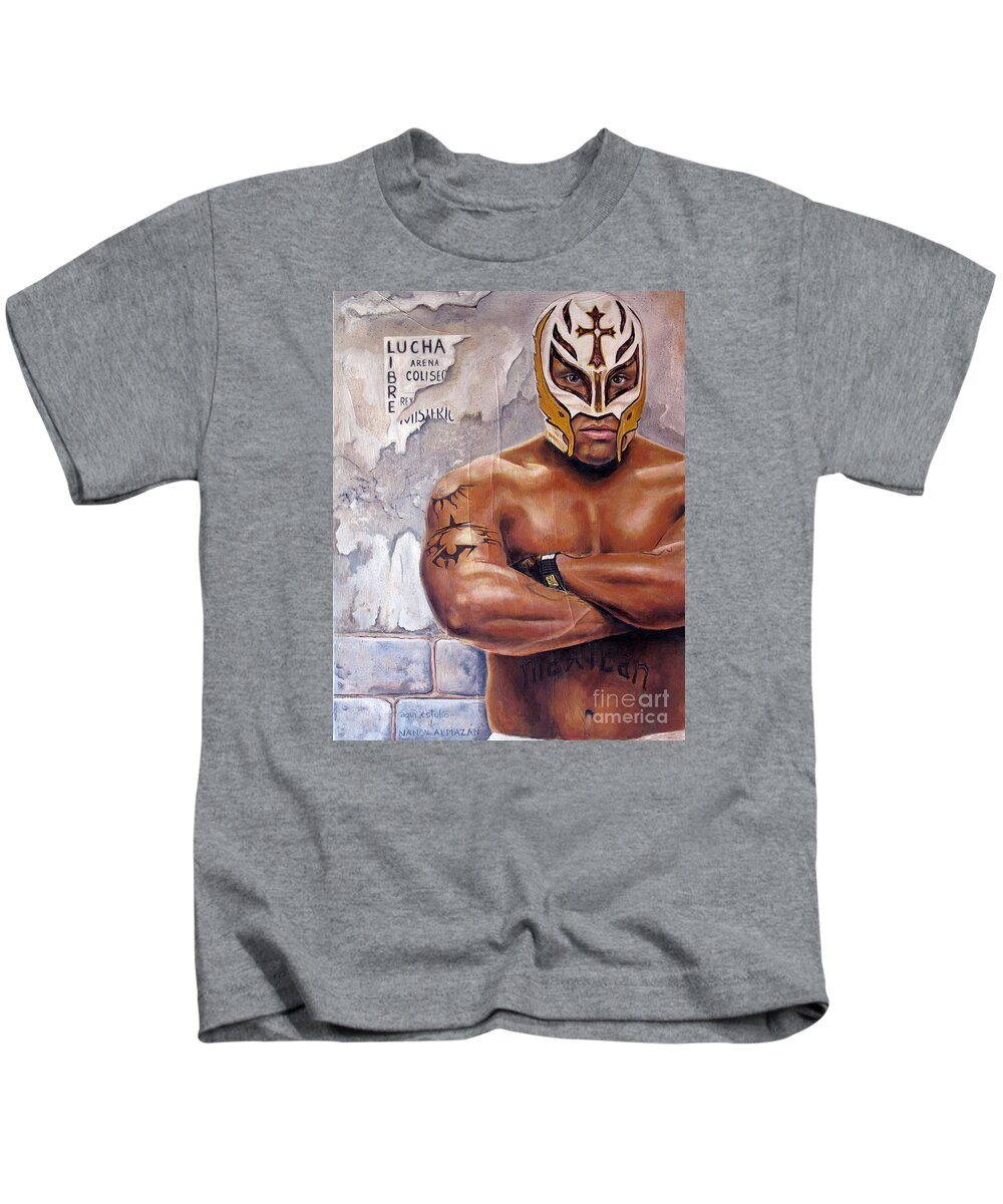 Rey Misterio Kids T-Shirt featuring the painting Rey Misterio by Nancy Almazan