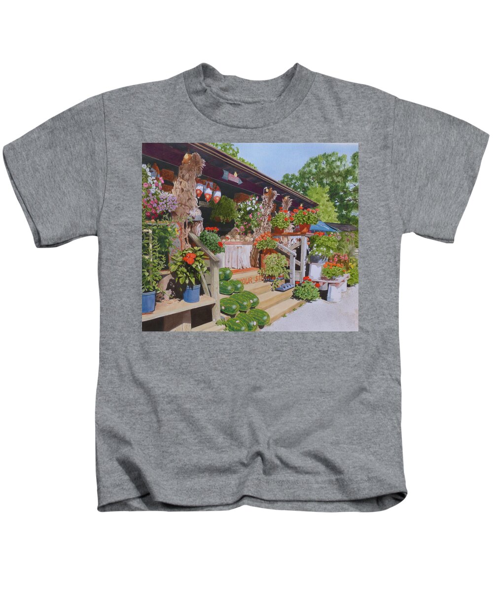 Landscape Kids T-Shirt featuring the mixed media Roadside Stand by Constance Drescher
