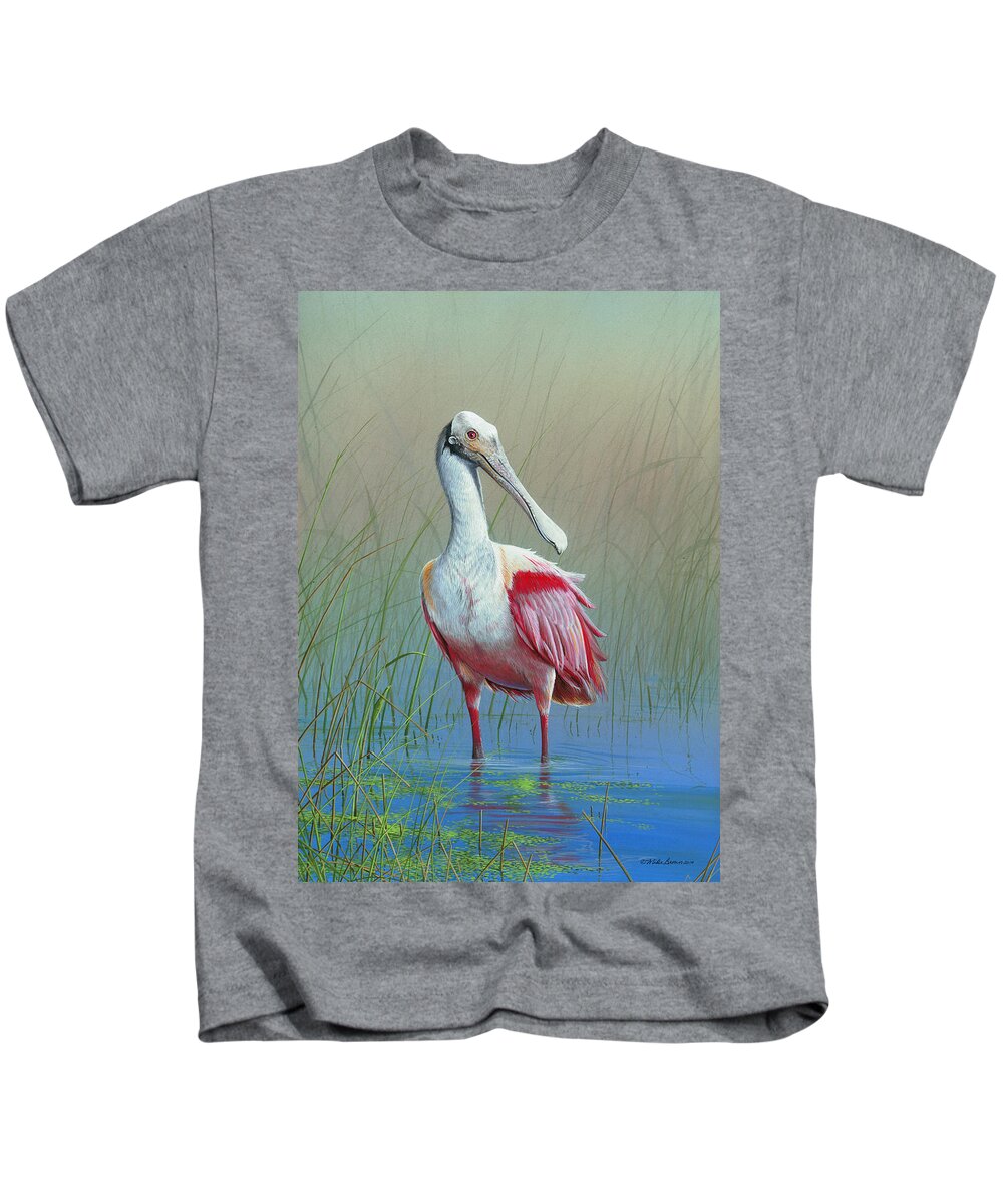 Roseate Spoonbill Kids T-Shirt featuring the painting Roseate Spoonbill by Mike Brown