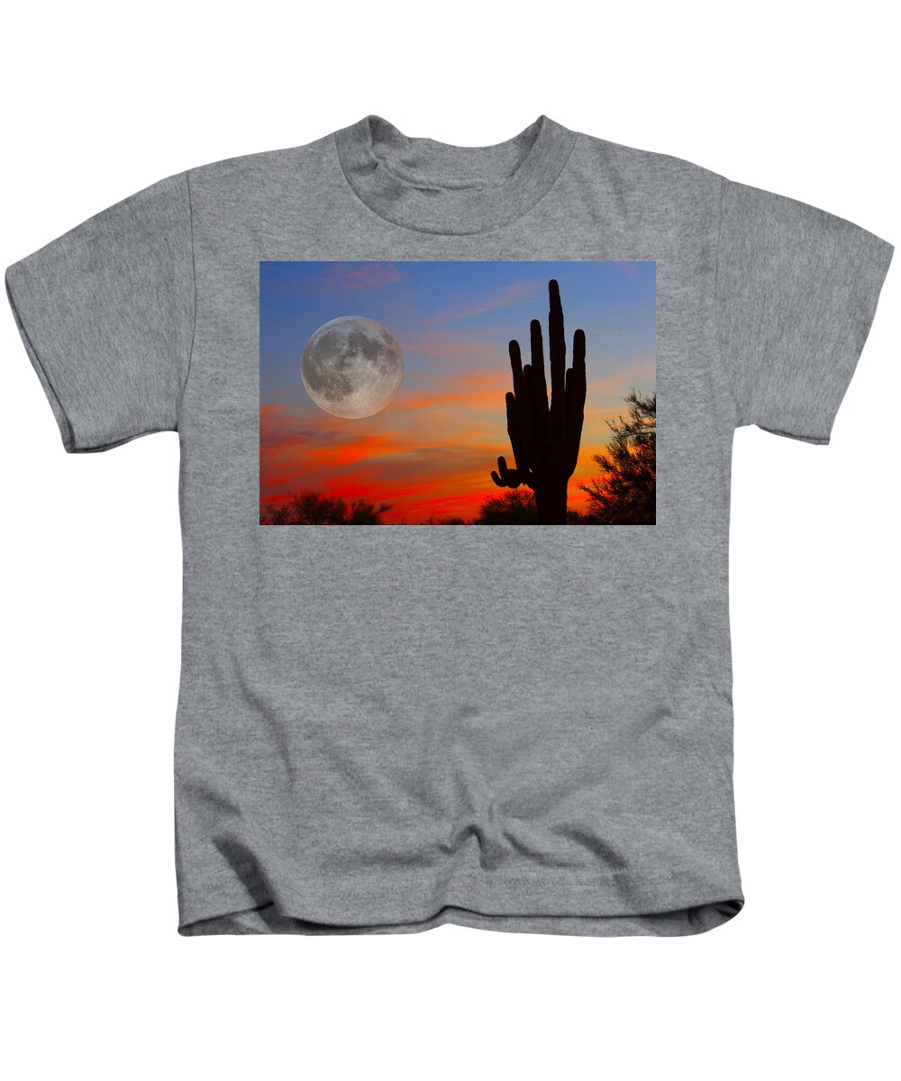Sunrise Kids T-Shirt featuring the photograph Saguaro Full Moon Sunset by James BO Insogna
