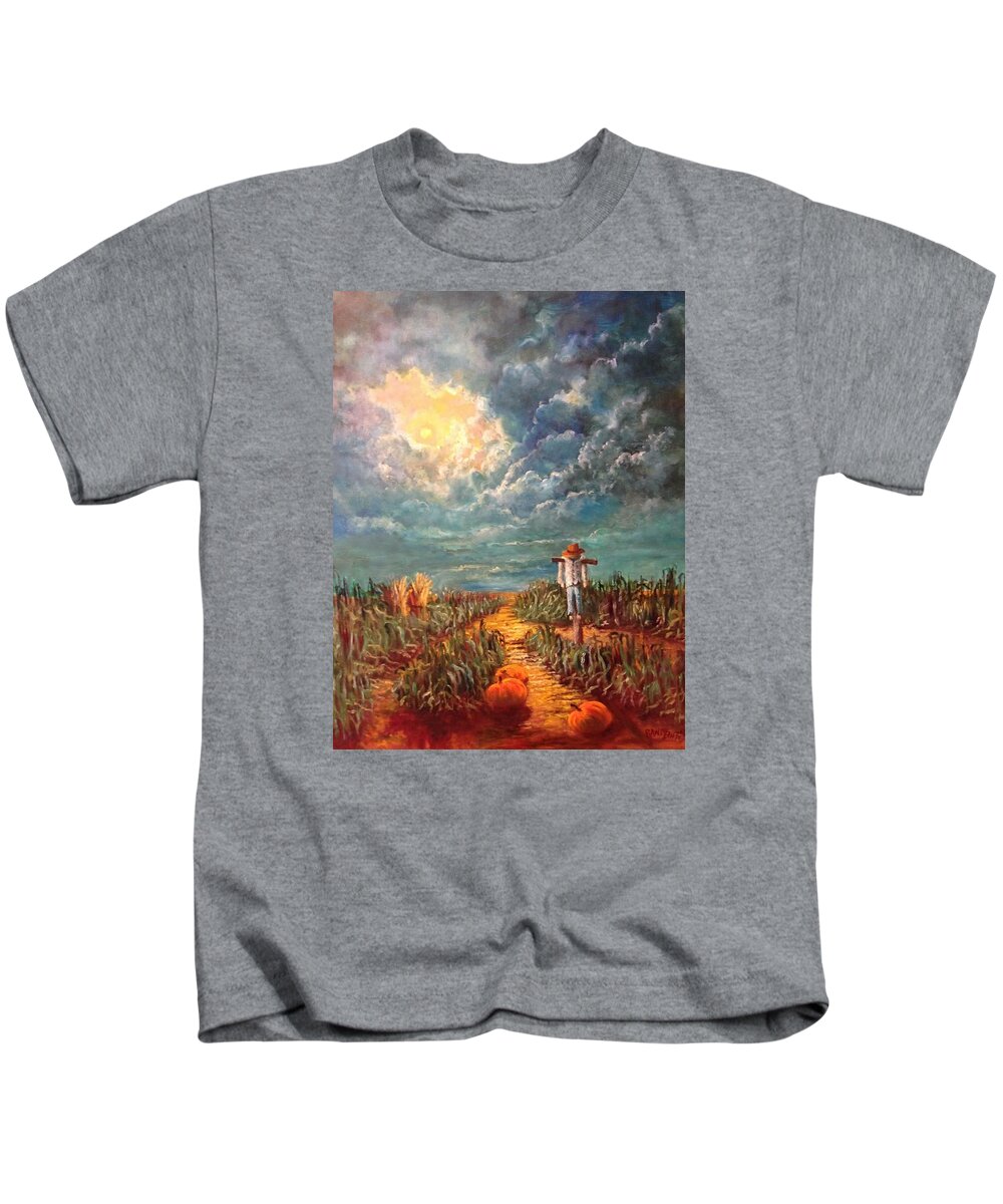 Halloween Kids T-Shirt featuring the painting Scarecrow, Moon, Pumpkins and Mystery by Rand Burns