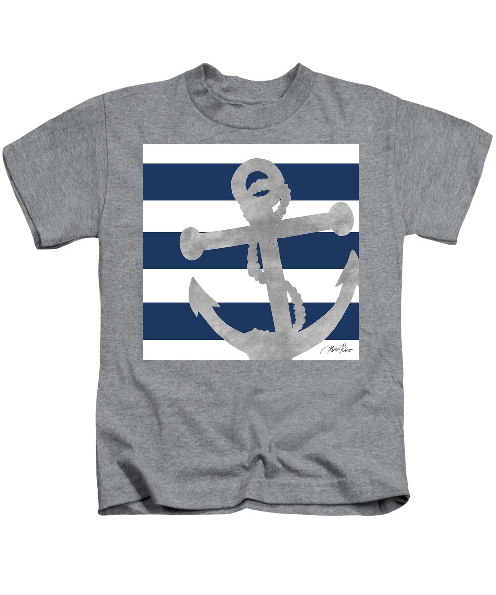 Silver Kids T-Shirt featuring the mixed media Silver Coastal On Blue Stripe I by Gina Ritter