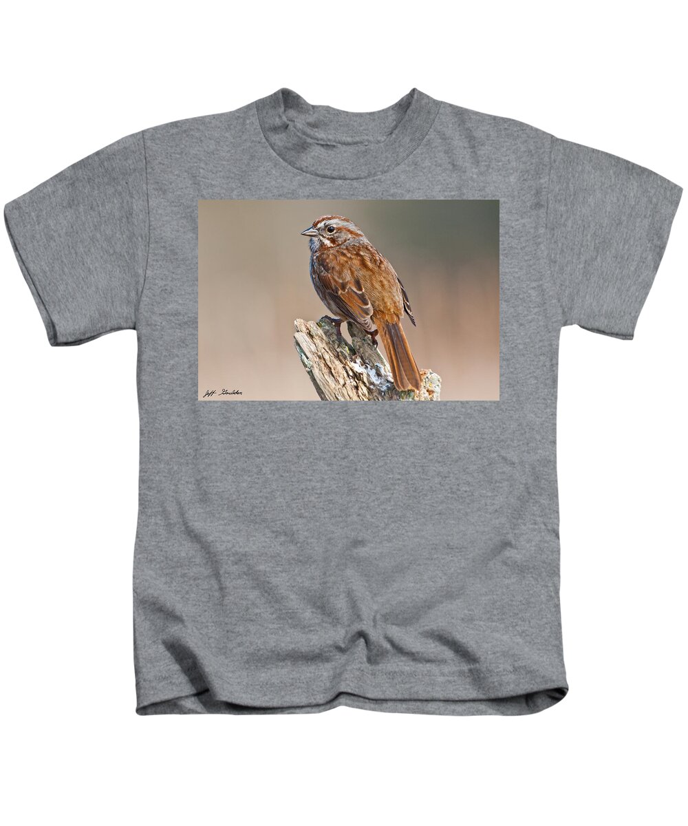 Animal Kids T-Shirt featuring the photograph Song Sparrow on a Driftwood Perch by Jeff Goulden