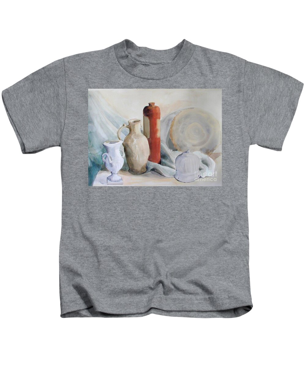 Watercolor Greta Corens Kids T-Shirt featuring the painting Watercolor Still life with Pottery and Stone by Greta Corens