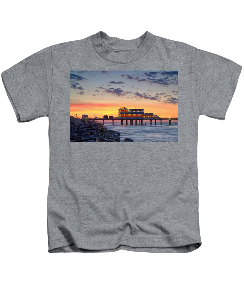 Galveston Kids T-Shirt featuring the photograph Sunrise at the Pier - Galveston Texas Gulf Coast by Silvio Ligutti
