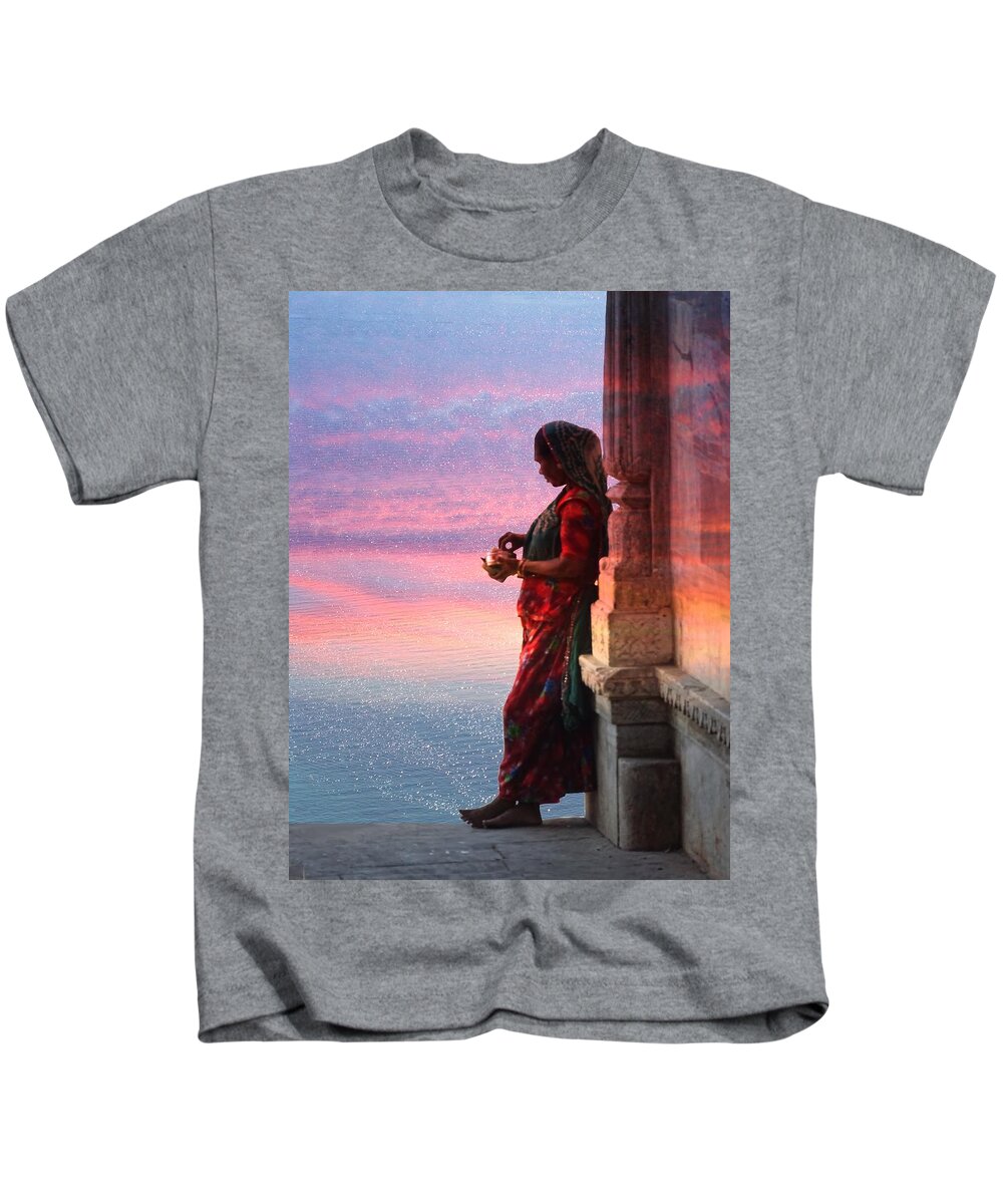Sunset Kids T-Shirt featuring the photograph Sunset Lake Colorful Woman Rajasthani Udaipur India by Sue Jacobi