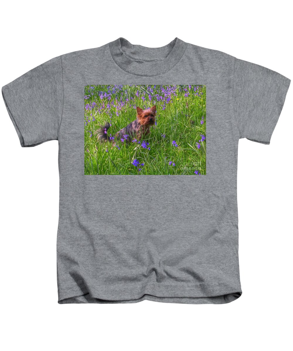 Yorkshire Terrier Kids T-Shirt featuring the photograph Teddy Amongst The Bluebells by Joan-Violet Stretch
