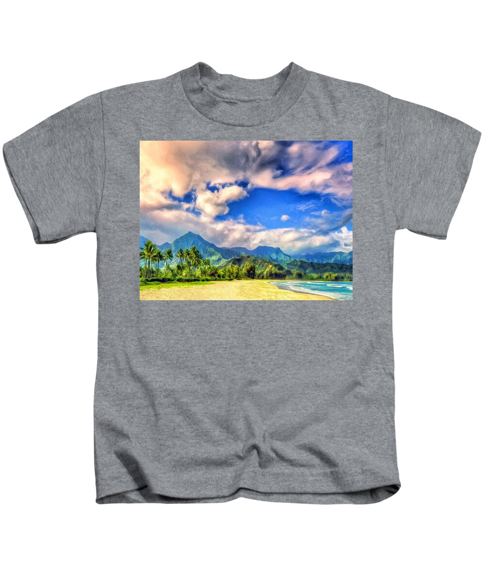 Hanalei Bay Kids T-Shirt featuring the painting The Beach at Hanalei Bay Kauai by Dominic Piperata